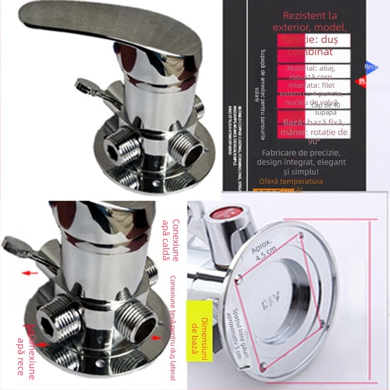 Ventil de amestec pentru duș pentru încălzitor solar – Tip A, aliaj, mic Tee; presiune de lucru 10; temperatura apei 100°C; debit la ieșire 10; aplicație: lavoar