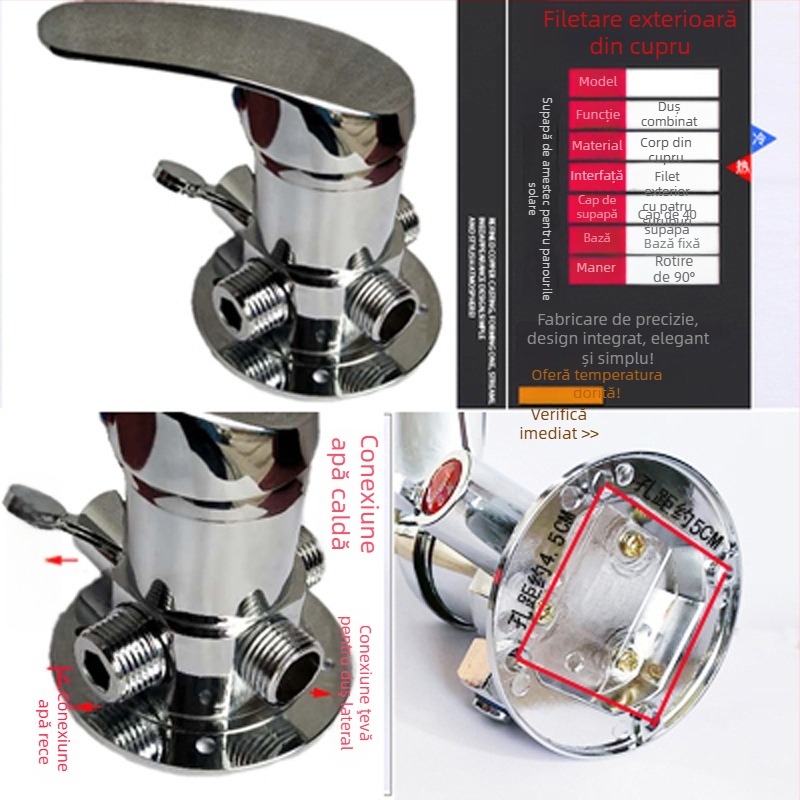 Ventil de amestec pentru duș pentru încălzitor solar – Tip A, aliaj, mic Tee; presiune de lucru 10; temperatura apei 100°C; debit la ieșire 10; aplicație: lavoar
