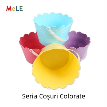 Coș de Paște din plastic, cu dantelă la margine, în formă de găleată pentru ouă