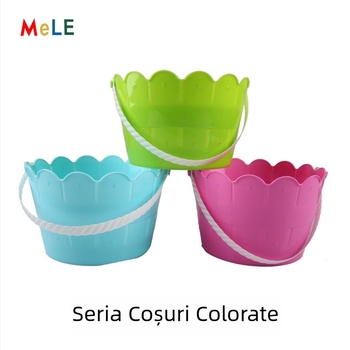 Coș de Paște din plastic, cu dantelă la margine, în formă de găleată pentru ouă