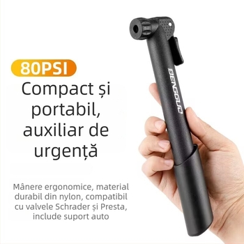 Pompa manuală pentru bicicletă, mini portabilă, model BG-1682, presiune maximă 80 PSI, duză aer: Beautiful Mouth, greutate 0.09 kg