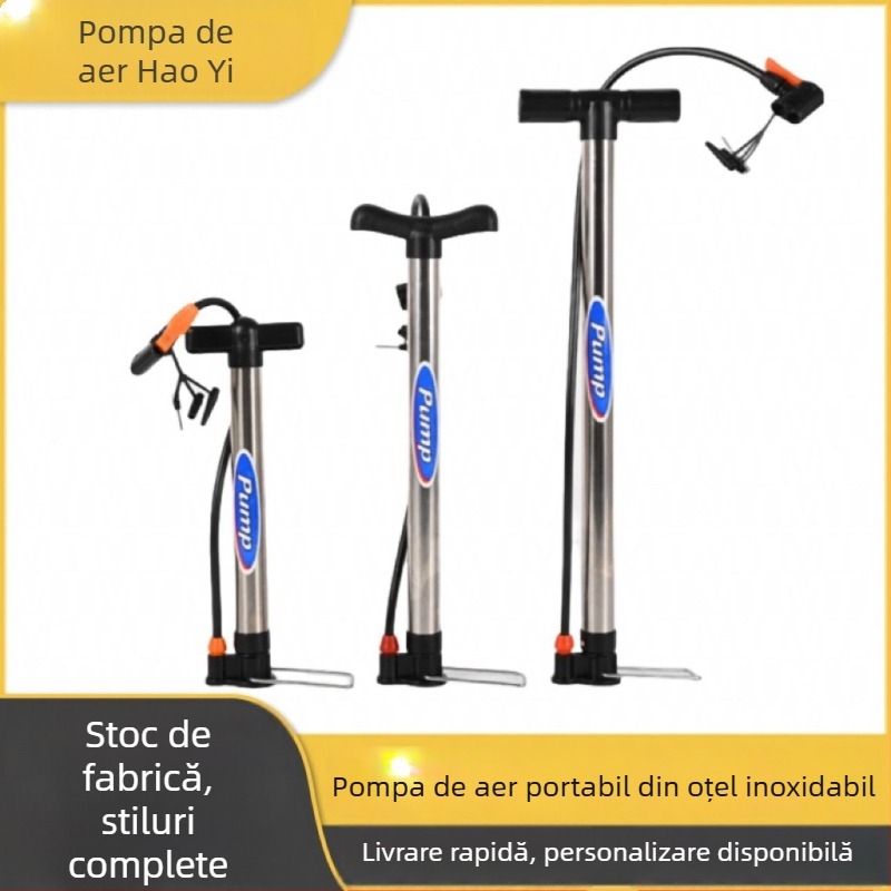 Inflaor manual cu presiune înaltă pentru biciclete, corp din aluminiu, 3 adaptoare pentru duze