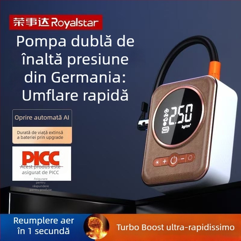 Pompa de aer pentru mașină și motocicletă – pompă wireless de urgență cu afișaj digital, 12V, 80W, debit 35 L/min, umflare extrem de rapidă