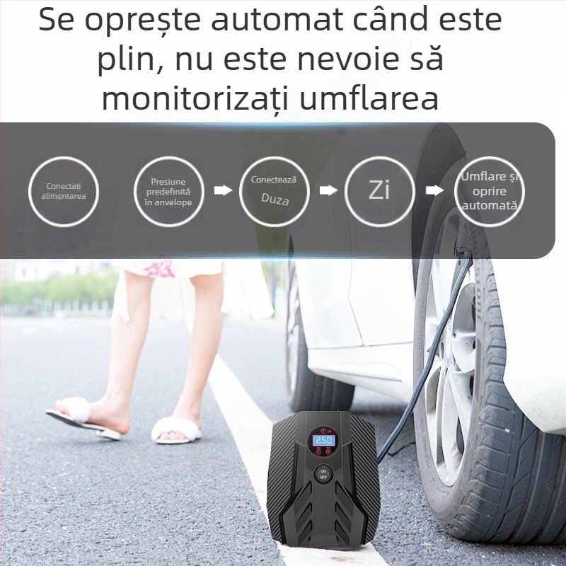 Unilite Pompa de anvelope auto cu afișaj digital, pompă de aer portabilă 12V pentru mașini și biciclete, cu LED