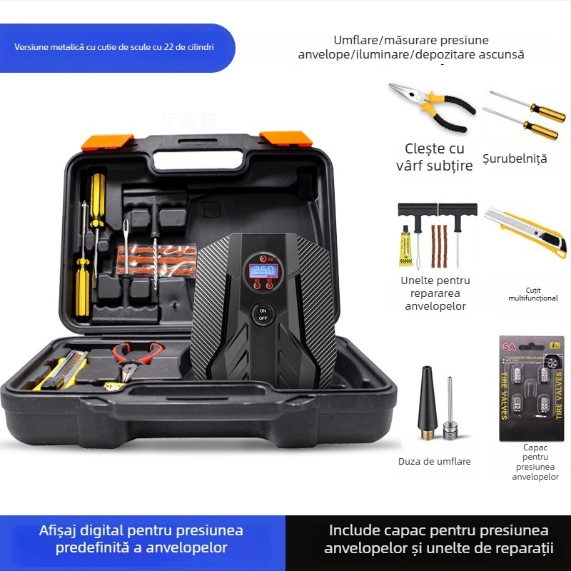 Unilite Pompa de anvelope auto cu afișaj digital, pompă de aer portabilă 12V pentru mașini și biciclete, cu LED
