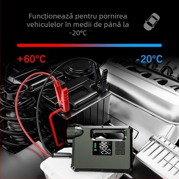 Power Bank de Urgență pentru Mașină cu Pompa de Aer Încorporată - 14.8V Baterie, Peak 1000A, Tub de Umflare 60 cm, Flux 70 L/min, Afișaj Digital