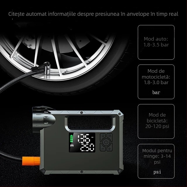 Power Bank de Urgență pentru Mașină cu Pompa de Aer Încorporată - 14.8V Baterie, Peak 1000A, Tub de Umflare 60 cm, Flux 70 L/min, Afișaj Digital