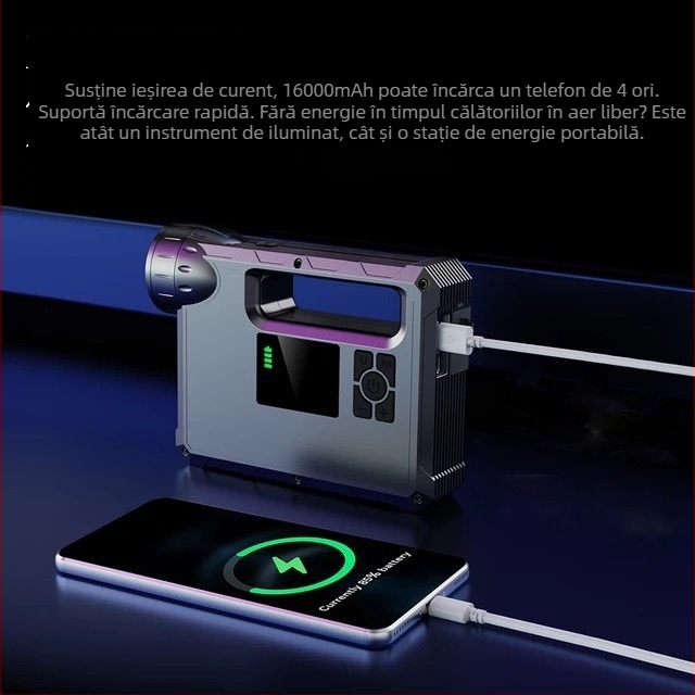 Power Bank de Urgență pentru Mașină cu Pompa de Aer Încorporată - 14.8V Baterie, Peak 1000A, Tub de Umflare 60 cm, Flux 70 L/min, Afișaj Digital
