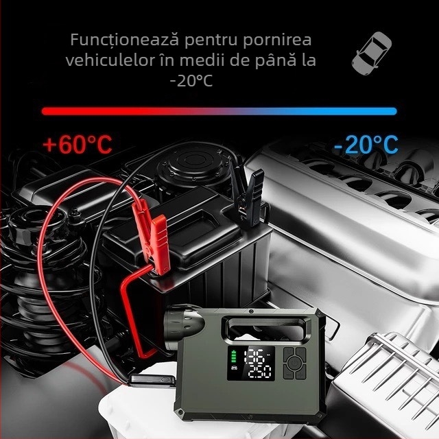 Power Bank de Urgență pentru Mașină cu Pompa de Aer Încorporată - 14.8V Baterie, Peak 1000A, Tub de Umflare 60 cm, Flux 70 L/min, Afișaj Digital