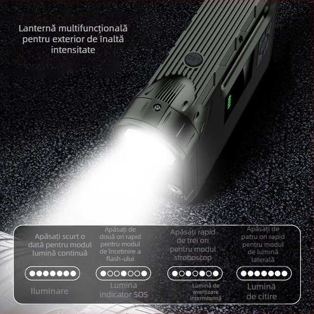 Power Bank de Urgență pentru Mașină cu Pompa de Aer Încorporată - 14.8V Baterie, Peak 1000A, Tub de Umflare 60 cm, Flux 70 L/min, Afișaj Digital