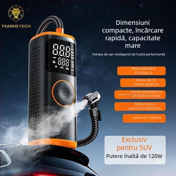 Pompa de aer pentru mașină cu afișaj digital, alimentare duală fără fir, compresor portabil pentru anvelope – 12V, baterie Li-ion, cablu de 3 m, 35 L/min, 120 W