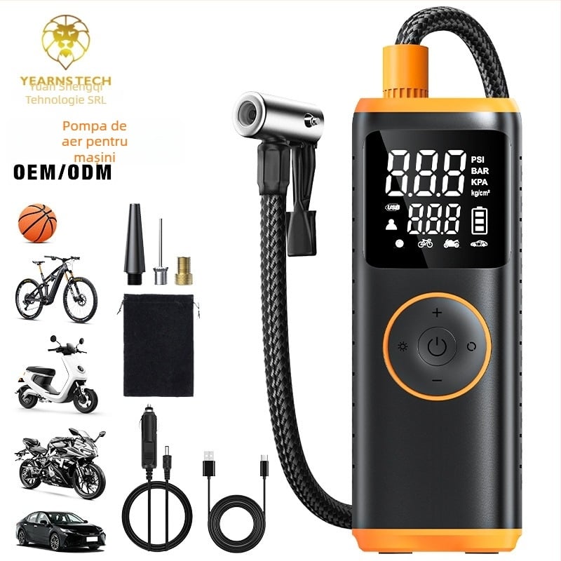 Pompa de aer pentru mașină cu afișaj digital, alimentare duală fără fir, compresor portabil pentru anvelope – 12V, baterie Li-ion, cablu de 3 m, 35 L/min, 120 W