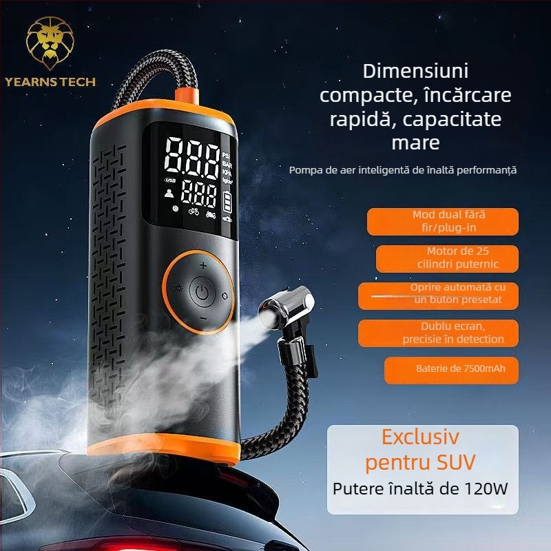 Pompa de aer pentru mașină cu afișaj digital, alimentare duală fără fir, compresor portabil pentru anvelope – 12V, baterie Li-ion, cablu de 3 m, 35 L/min, 120 W