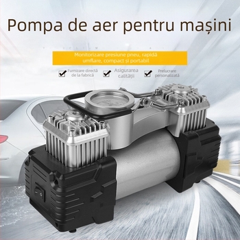 Pompa de cauciuc auto cu cilindru dublu, 12V, 280W, 70 L/min, cu manometru