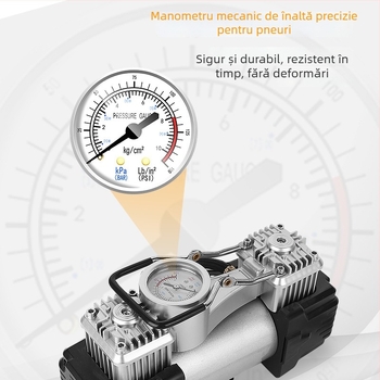 Pompa de cauciuc auto cu cilindru dublu, 12V, 280W, 70 L/min, cu manometru