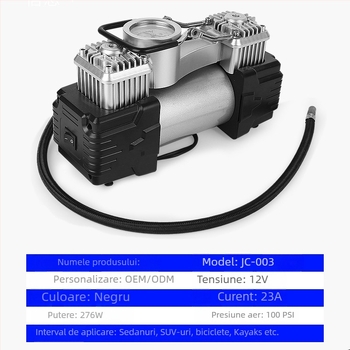 Pompa de cauciuc auto cu cilindru dublu, 12V, 280W, 70 L/min, cu manometru