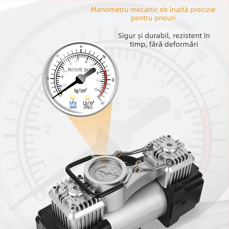 Pompa de cauciuc auto cu cilindru dublu, 12V, 280W, 70 L/min, cu manometru
