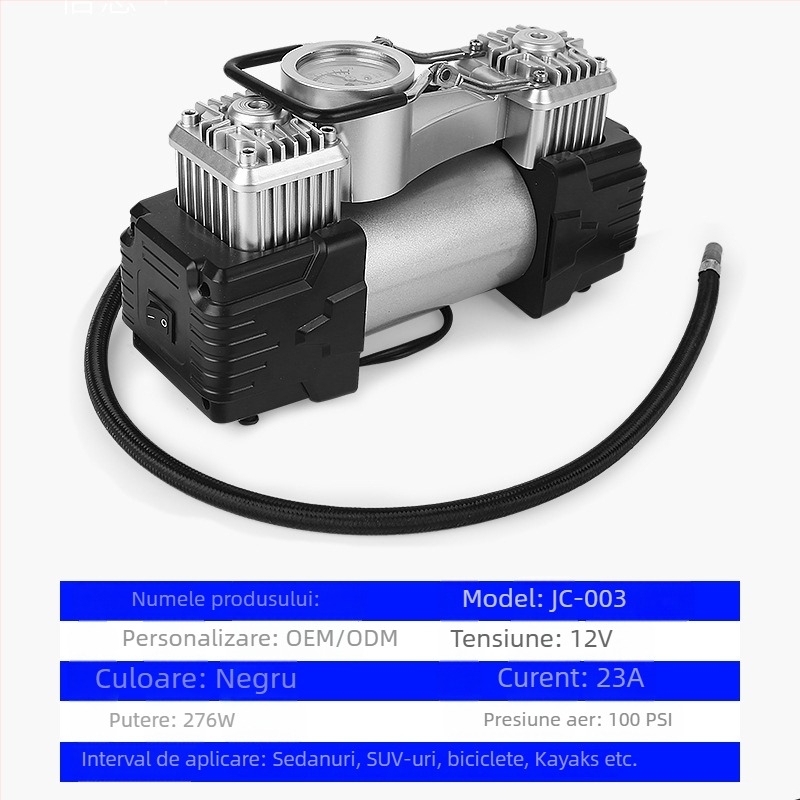 Pompa de cauciuc auto cu cilindru dublu, 12V, 280W, 70 L/min, cu manometru