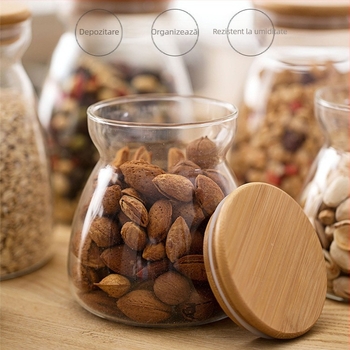 Recipient din sticlă borosilicat înalt, trapezoidal, sigilat, pentru depozitare lapte praf și ceai