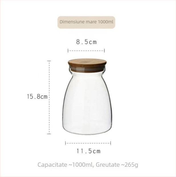 Recipient din sticlă borosilicat înalt, trapezoidal, sigilat, pentru depozitare lapte praf și ceai