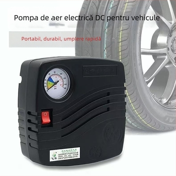Pompa de aer de urgență pentru mașină, 12V, 100W, 50 L/min, furtun 41 cm, manometru pentru presiunea pneurilor