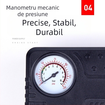 Pompa de aer de urgență pentru mașină, 12V, 100W, 50 L/min, furtun 41 cm, manometru pentru presiunea pneurilor