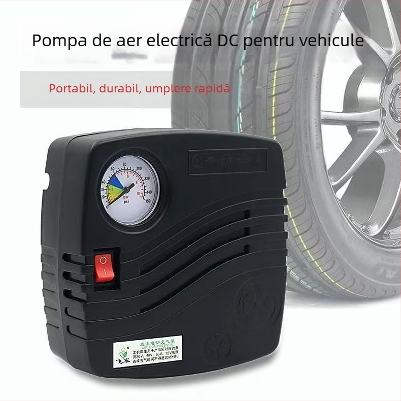 Pompa de aer de urgență pentru mașină, 12V, 100W, 50 L/min, furtun 41 cm, manometru pentru presiunea pneurilor