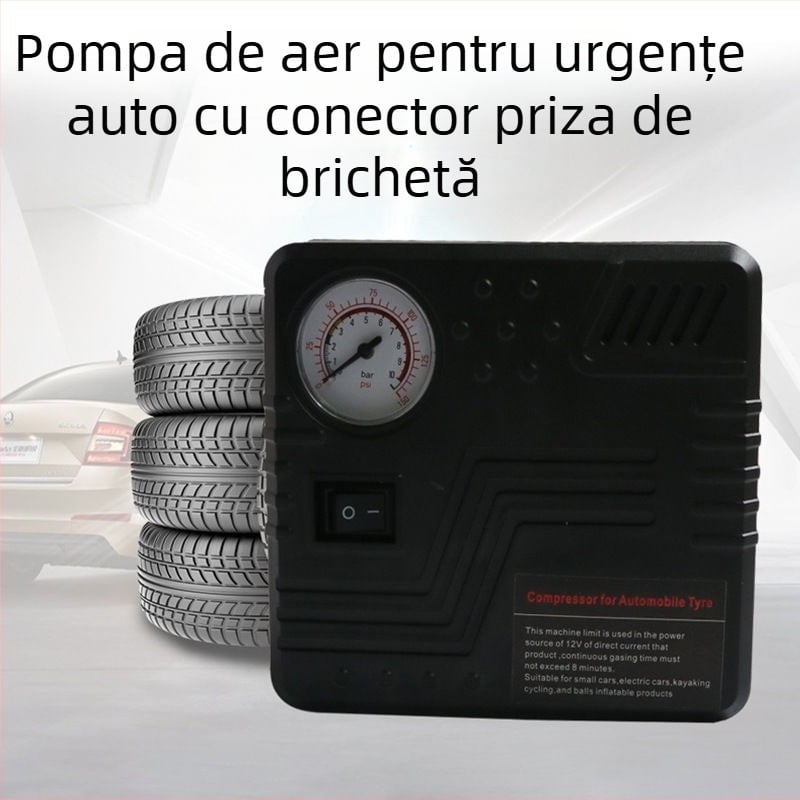 Pompa de aer de urgență pentru mașină, 12V, 100W, 50 L/min, furtun 41 cm, manometru pentru presiunea pneurilor