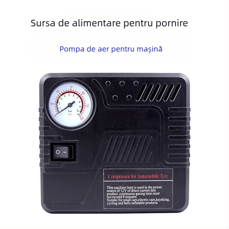 Pompa de aer de urgență pentru mașină, 12V, 100W, 50 L/min, furtun 41 cm, manometru pentru presiunea pneurilor
