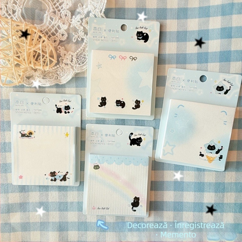 Note autoadezive cu temă pisică, Foițe în stil Ins, formă pătrată, adezive, ambalaj de bază