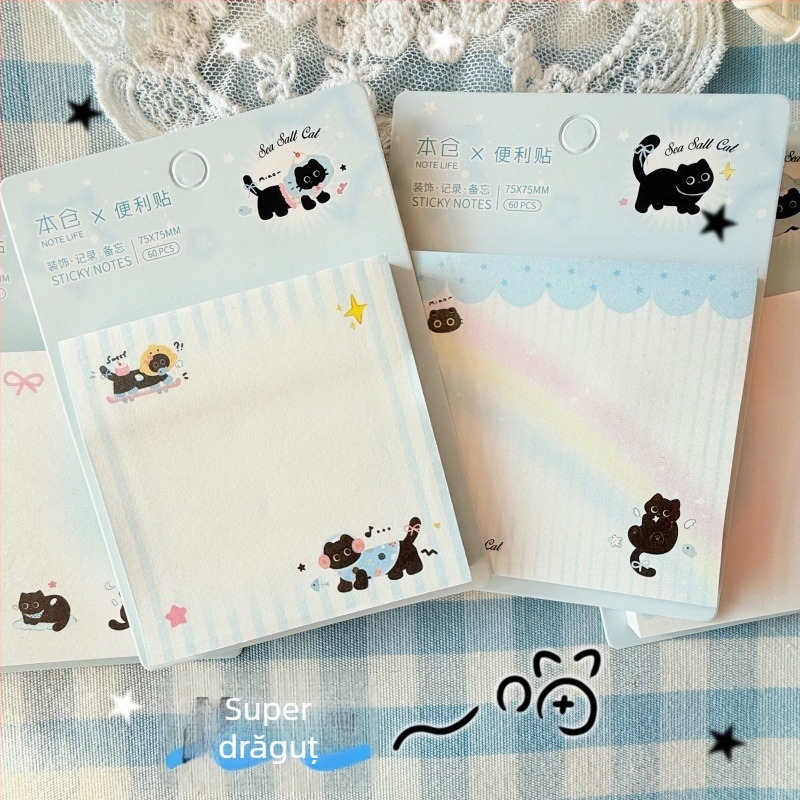 Note autoadezive cu temă pisică, Foițe în stil Ins, formă pătrată, adezive, ambalaj de bază