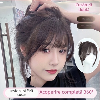 Piesă de păr pentru femei, lucrată manual, din păr uman real, cu breton și coroană înaltă