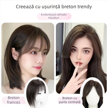 Piesă de păr pentru femei, lucrată manual, din păr uman real, cu breton și coroană înaltă