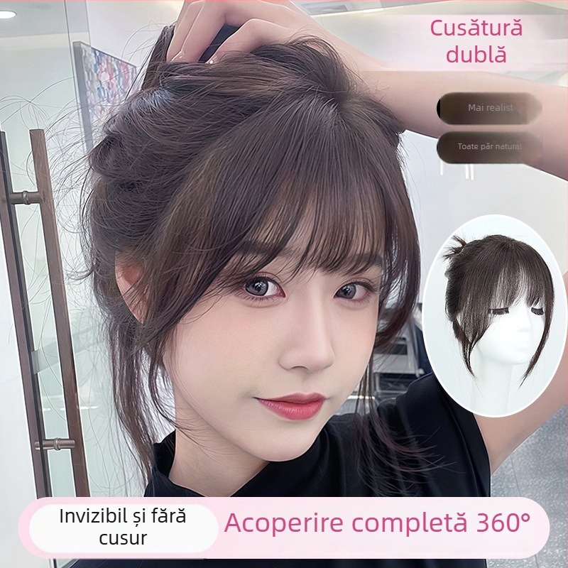 Piesă de păr pentru femei, lucrată manual, din păr uman real, cu breton și coroană înaltă