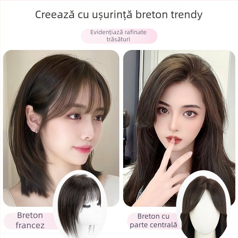 Piesă de păr pentru femei, lucrată manual, din păr uman real, cu breton și coroană înaltă