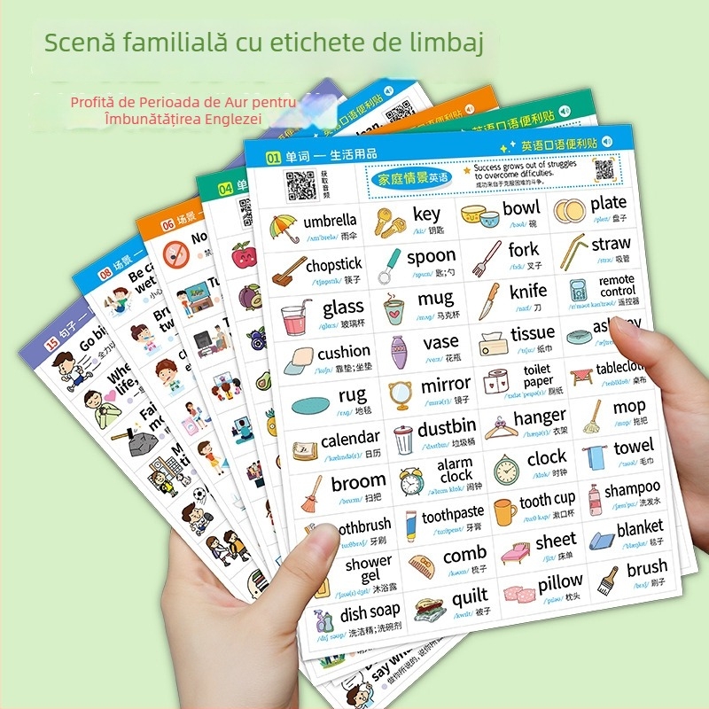 Note adezive pentru exersarea limbii engleze la copii – fraze scurte pentru situații zilnice, foițe despicate; Brand: Hongmeng culture; Adeziv: Da; IP: Nu