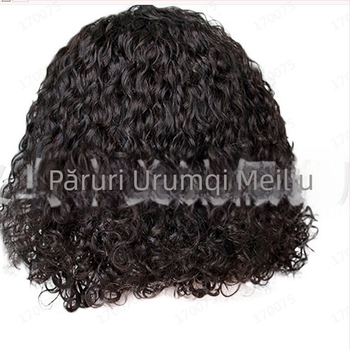 Perucă | Păr scurt buclat, parte laterală și breton lung | Fibre sintetice rezistente la temperaturi înalte | Capac semi-manual cusut | Stil exotic