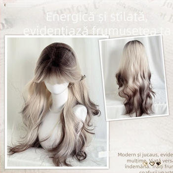 Perucă pentru femei cu breton drept și păr lung buclat, mătase la temperaturi înalte, aspect natural, conturarea feței, necolorabilă