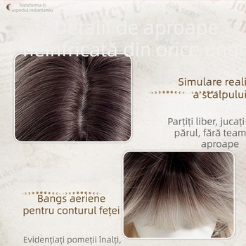 Perucă pentru femei cu breton drept și păr lung buclat, mătase la temperaturi înalte, aspect natural, conturarea feței, necolorabilă