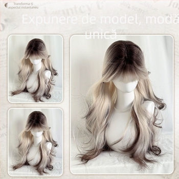 Perucă pentru femei cu breton drept și păr lung buclat, mătase la temperaturi înalte, aspect natural, conturarea feței, necolorabilă