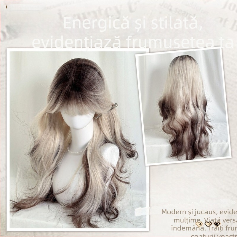 Perucă pentru femei cu breton drept și păr lung buclat, mătase la temperaturi înalte, aspect natural, conturarea feței, necolorabilă