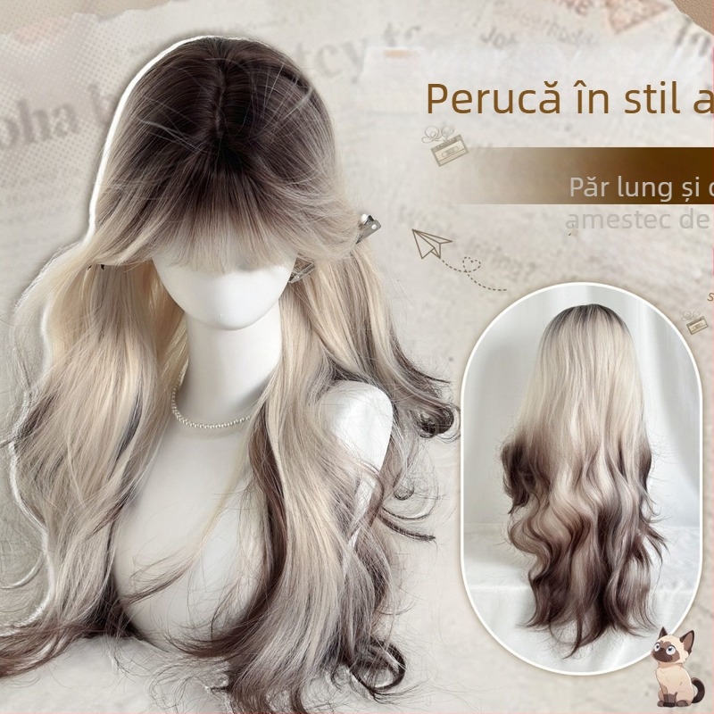 Perucă pentru femei cu breton drept și păr lung buclat, mătase la temperaturi înalte, aspect natural, conturarea feței, necolorabilă