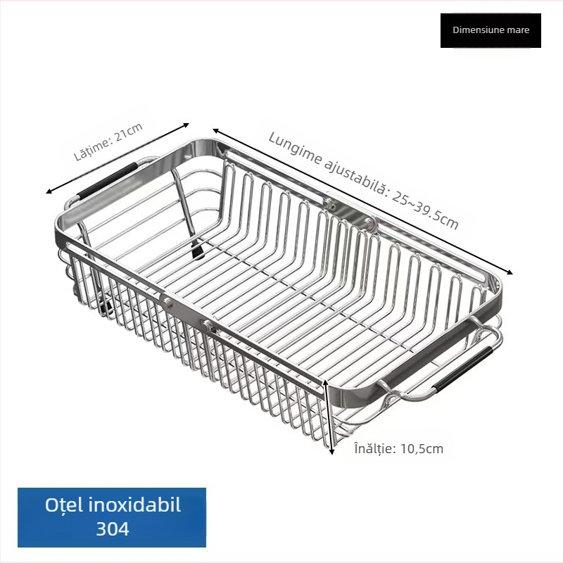 Coș de scurgere din oțel inoxidabil pentru chiuvetă, telescopic – multifuncțional, pentru vase, fructe și legume, Essence