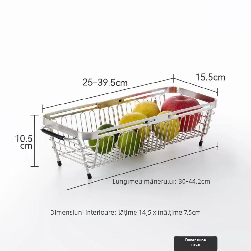 Coș de scurgere din oțel inoxidabil pentru chiuvetă, telescopic – multifuncțional, pentru vase, fructe și legume, Essence