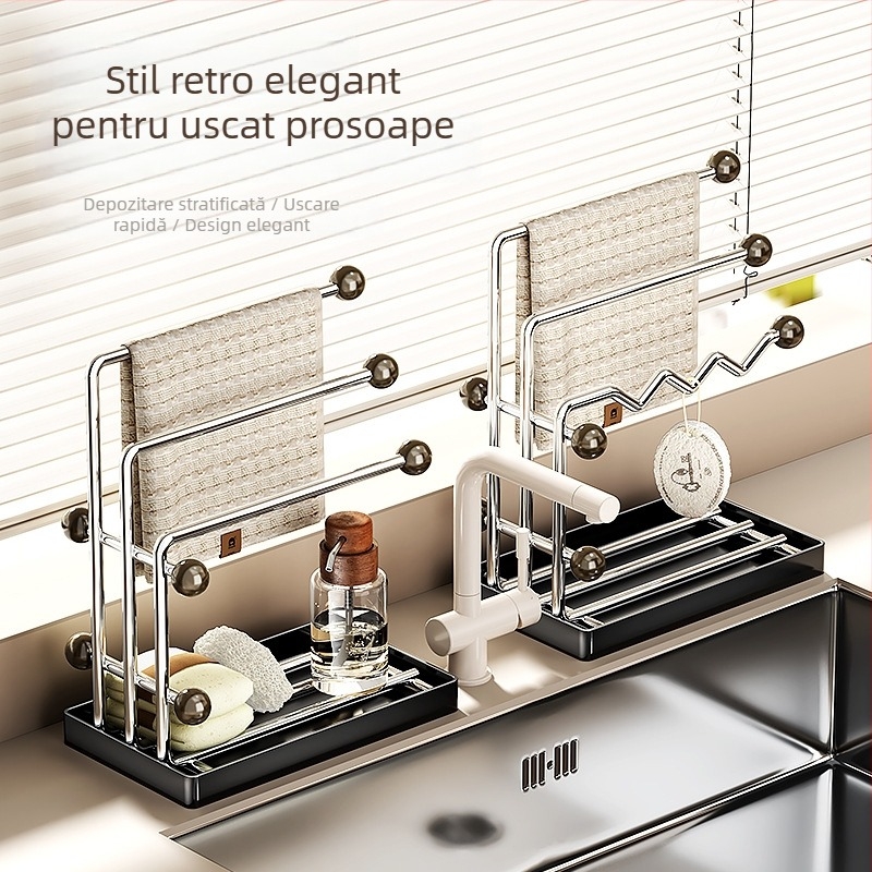 Raft de uscare vase din oțel inoxidabil pentru bucătărie – mobil, fără instalare, design în formă de L, stil mid-century, pentru blat sau dulap superior