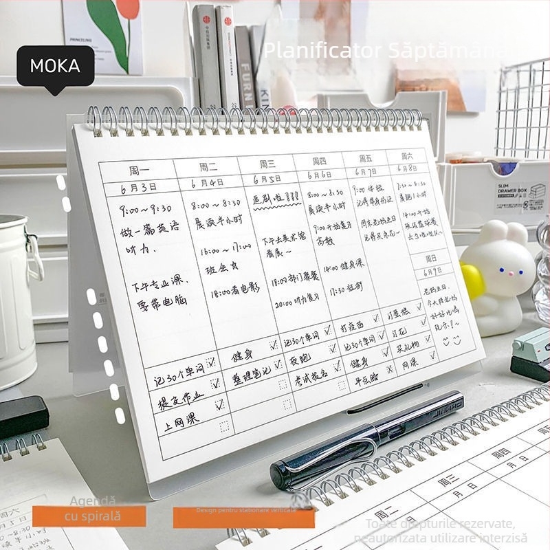 Caiet cu spirala, planificator săptămânal cu calendar, 60 pagini, hârtie Dowling.