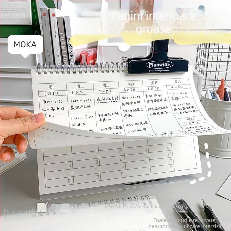 Caiet cu spirala, planificator săptămânal cu calendar, 60 pagini, hârtie Dowling.