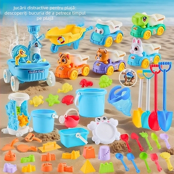 Set jucării de plajă cu unelte pentru săpat în nisip și lopățile, din plastic, pentru copii 4–6 ani, cu activități de apă