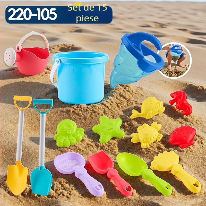 Set jucării de plajă cu unelte pentru săpat în nisip și lopățile, din plastic, pentru copii 4–6 ani, cu activități de apă