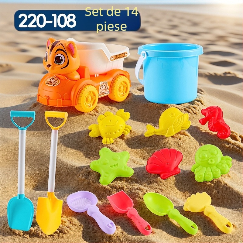 Set jucării de plajă cu unelte pentru săpat în nisip și lopățile, din plastic, pentru copii 4–6 ani, cu activități de apă